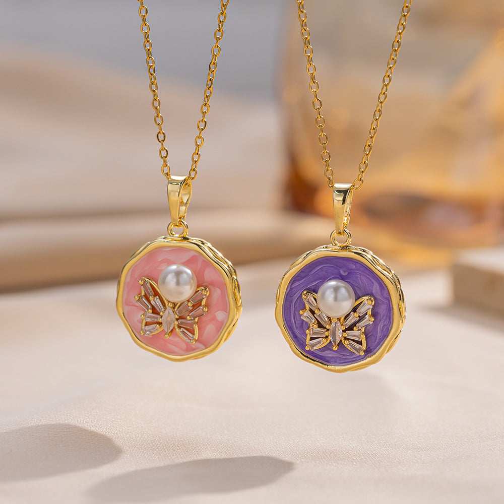 Minimalist Floral Butterfly Baroque Freshwater Pearl Necklace in Titanium Steel with Enamel Finish for Women