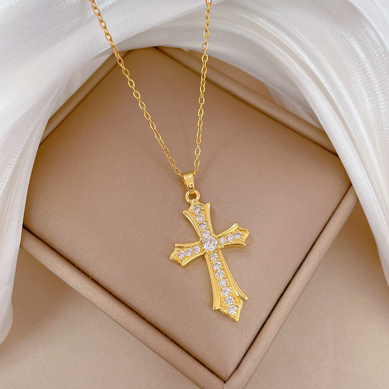 Collar con Colgante de Cruz Minimalista de Acero de Titanio con Incrustaciones Completas de Pedrería para Mujeres y Hombres, Delicada Cadena de Clavícula con Diseño Geométrico