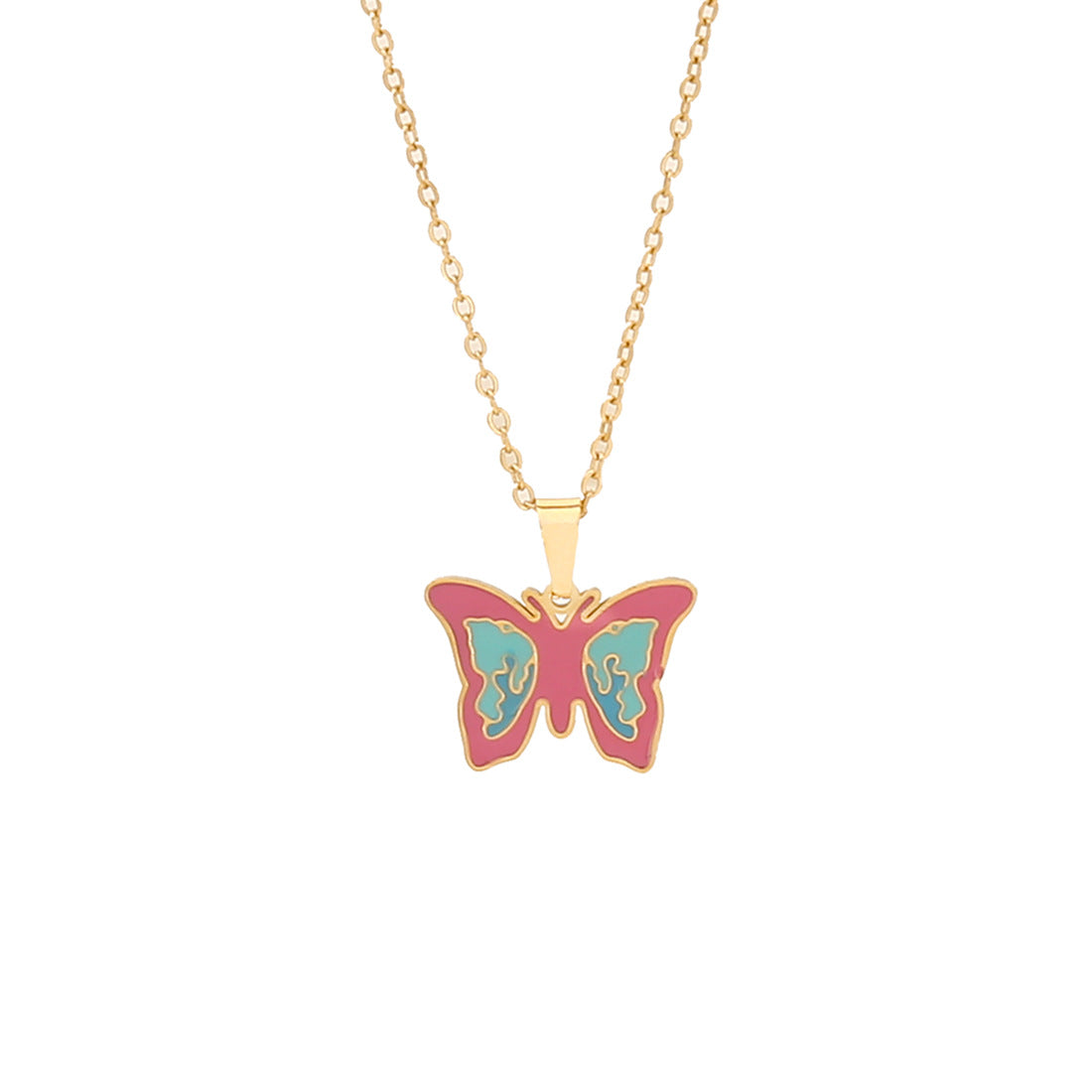 Collana alla Moda a Cuore Rosa con Fiori e Pendente a Farfalla in Acciaio Inossidabile da Donna