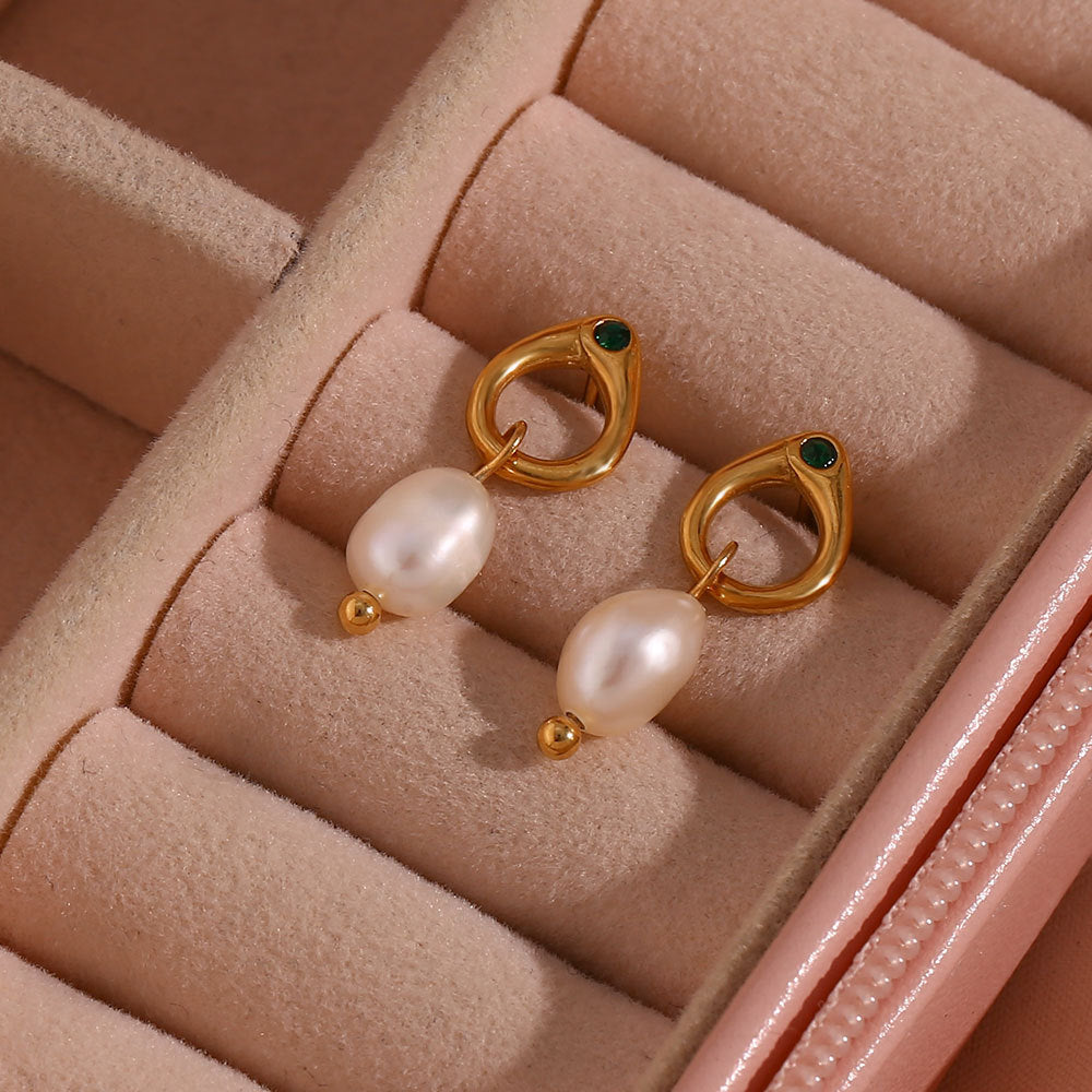 Minimalist Geometric Stainless Steel Hoop Earrings with Freshwater Pearl and Green Rhinestone Accents for Women