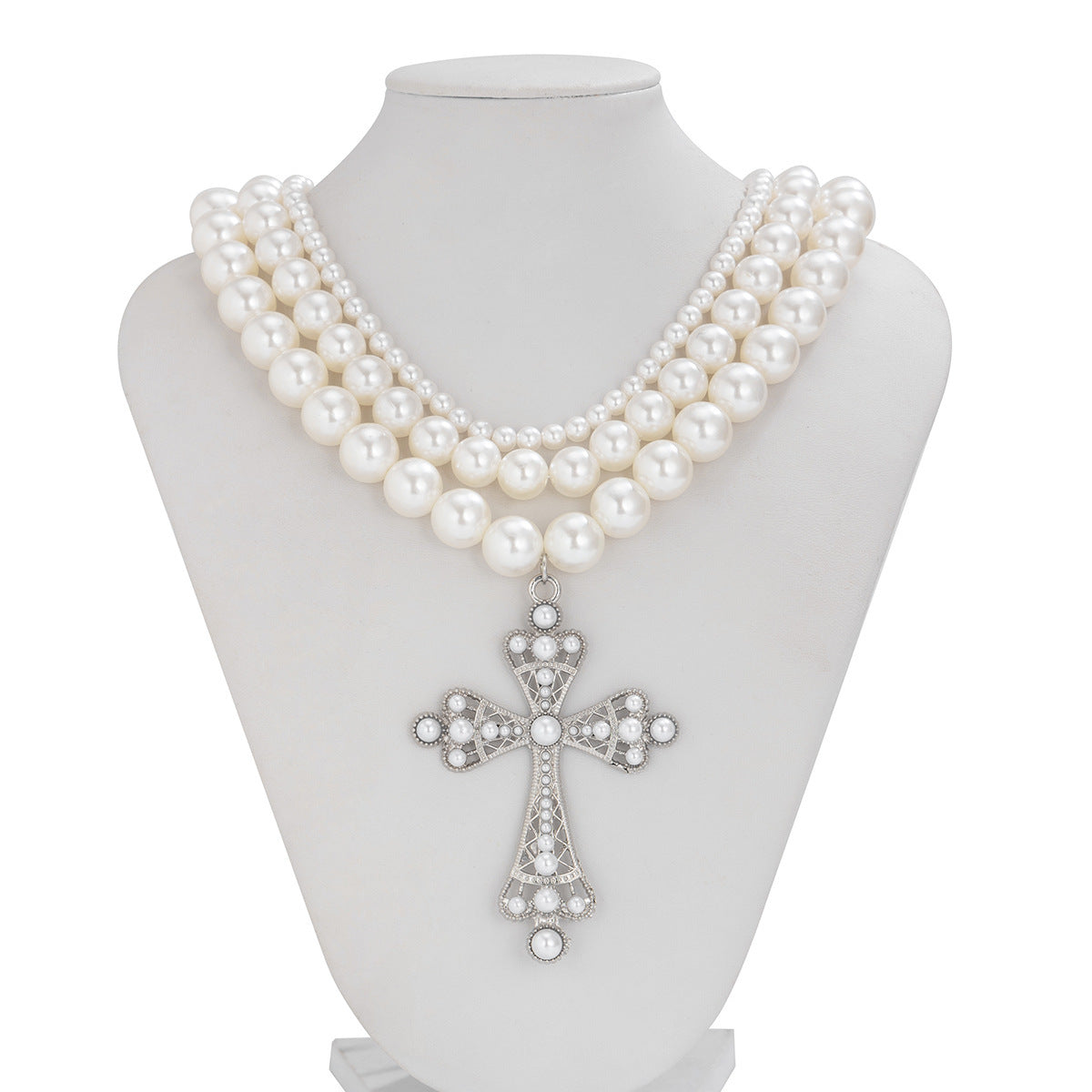 Punk Geometric Cross Hollow Multi-Layer Alloy Necklace Set with Imitation Pearls for Women