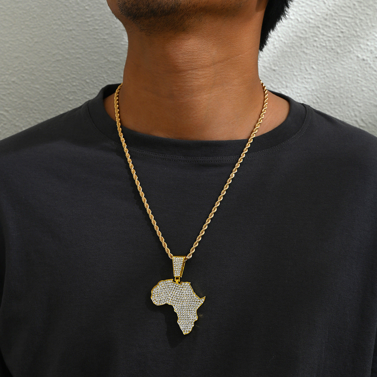 Hip Hop Style Geometric Rhombus Map Pendant Necklace for Men with Cubic Zirconia Inlay on Alloy Chain