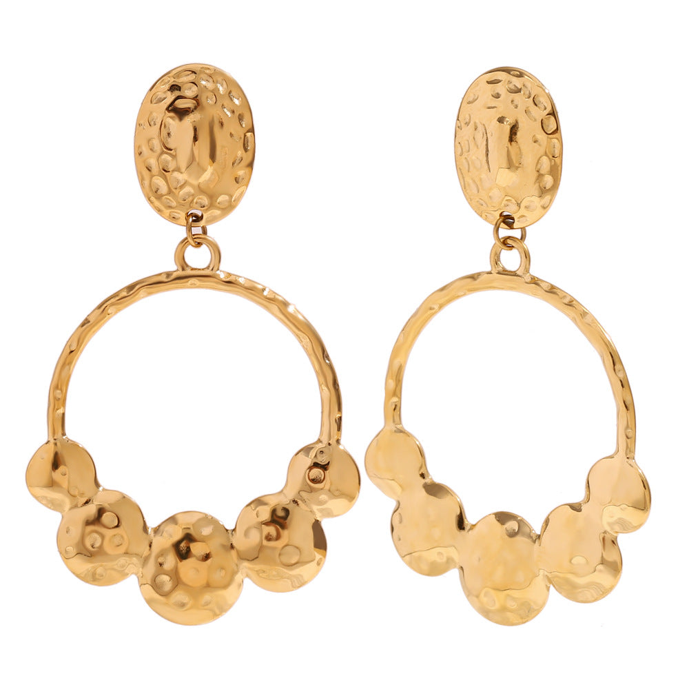 Fashionable Vintage-Inspired Geometric Stainless Steel Earrings with 18K Gold Plating and Hammered Texture for Women