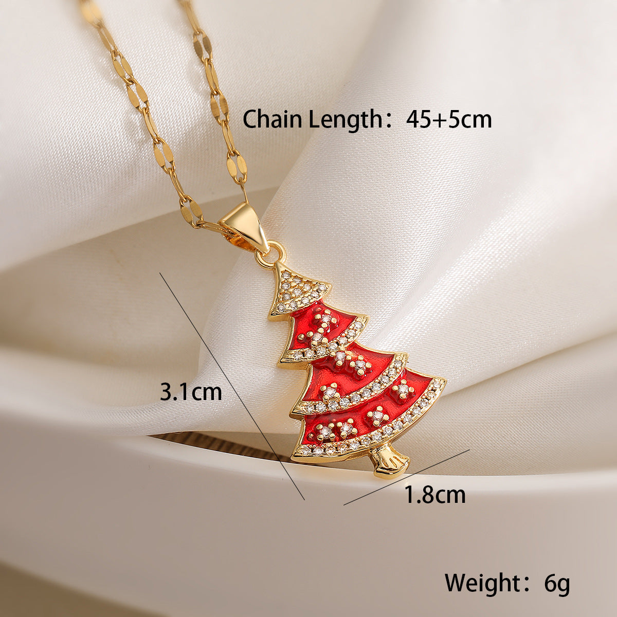 Minimalist Christmas Tree Pendant Necklace for Women with Copper Base Plated in 18K Gold and Enamel Finish