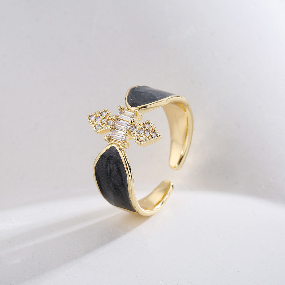 INS Style Geometric Open Ring for Women Made of Copper with 18K Gold Plating Micro-Pave Zirconia and Enamel Finish