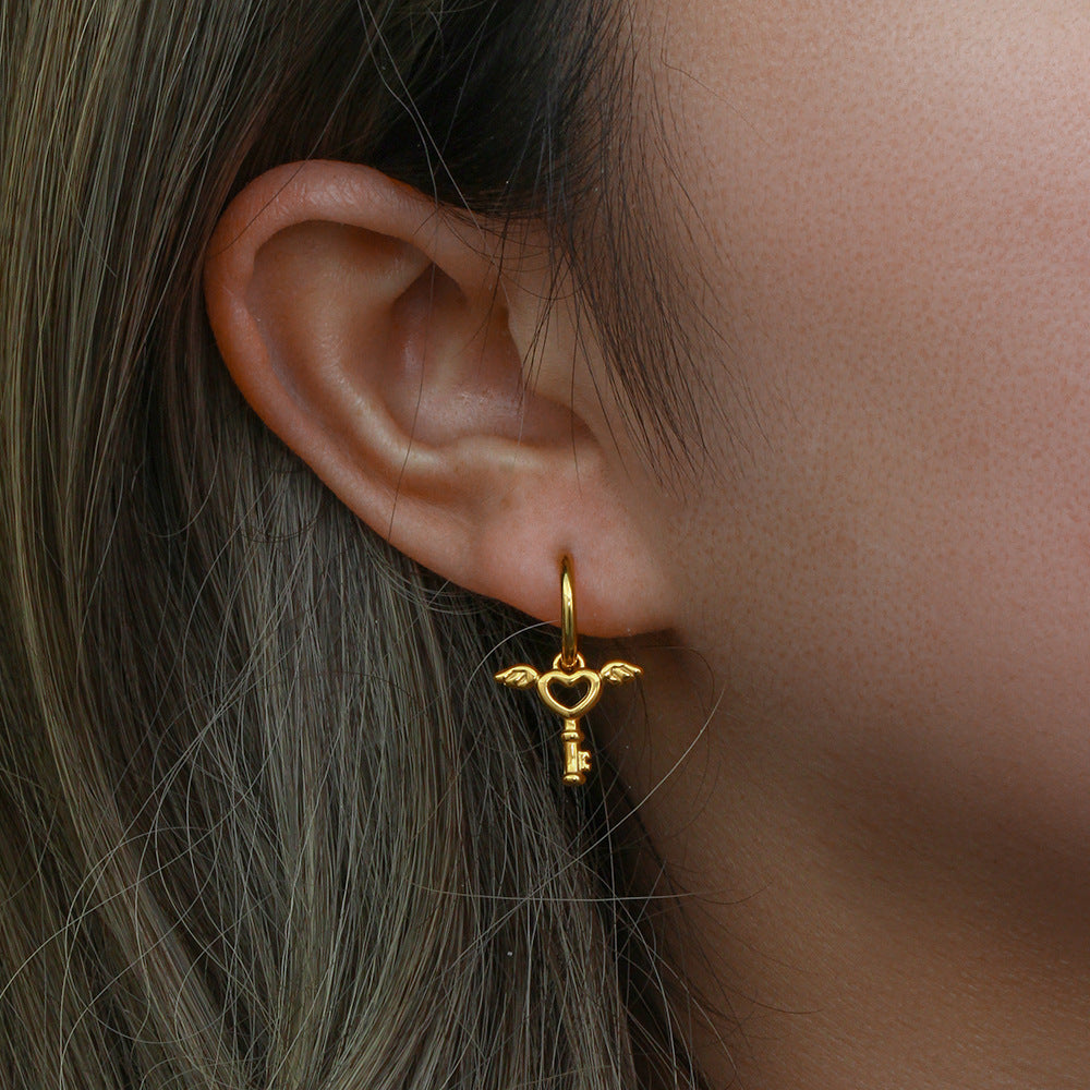 Fashionable Asymmetrical Heart Key Wing Earrings in Stainless Steel with 18K Gold Plating for Women