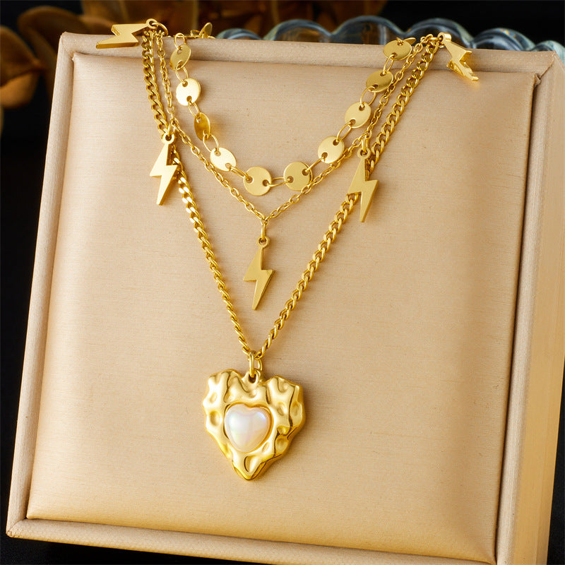 Vintage Double Layer Stainless Steel Necklace with Rhinestone and Drip Oil Cherry Heart Star Charms