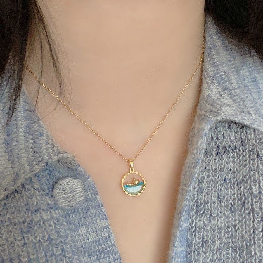 Original Design Whale and Dolphin Pendant Necklace in Titanium Steel with Gold Plating and Blue Ocean-Inspired Detail on O-Chain