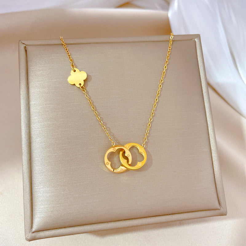 Minimalist Geometric Titanium Steel Pendant Necklace for Women Short Clavicle Chain with Rhinestone Inlay Modern Office Style