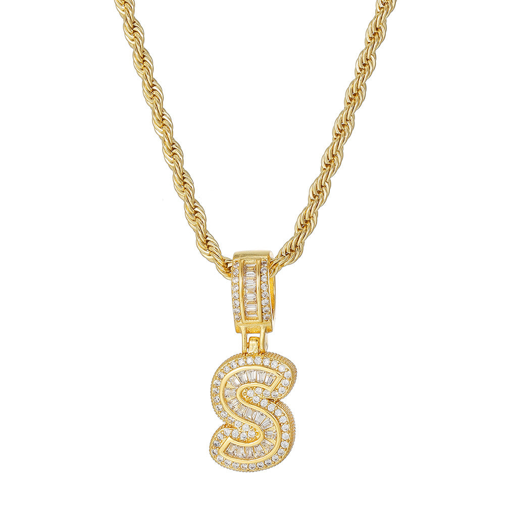 Personalized 18K Gold Plated Brass Cubic Zirconia Letter Pendant Necklace with Stainless Steel Rope Chain