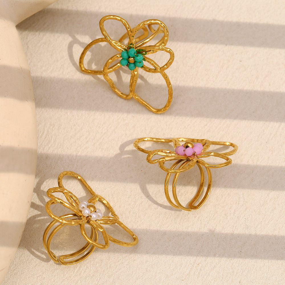 Fashionable Floral Ring for Women in Stainless Steel with 18K Gold Plating and Colorful Beads