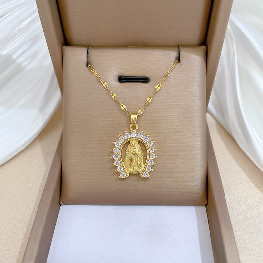 Minimalist Moon-Shaped Pendant Necklace in Stainless Steel with Zircon Inlay for Women and Men