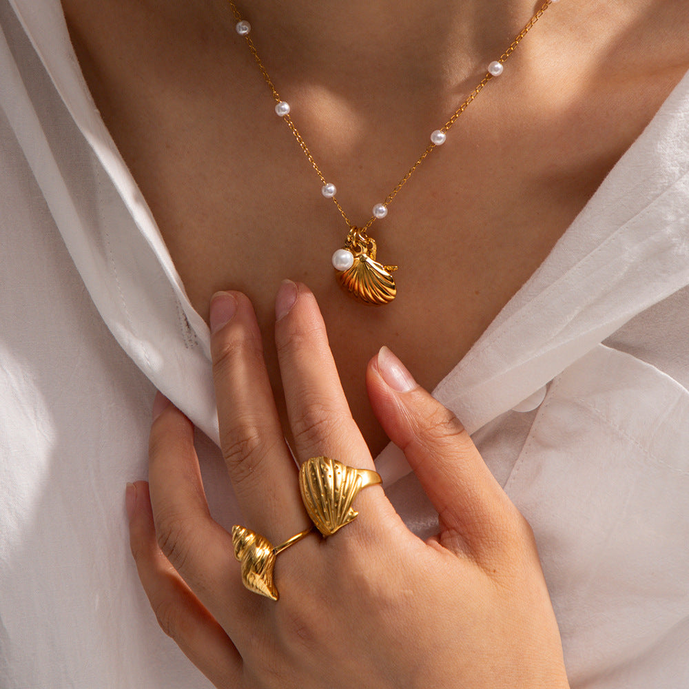Ins Style Seashell and Starfish Pendant Necklace in Stainless Steel with Plated Finish for Women