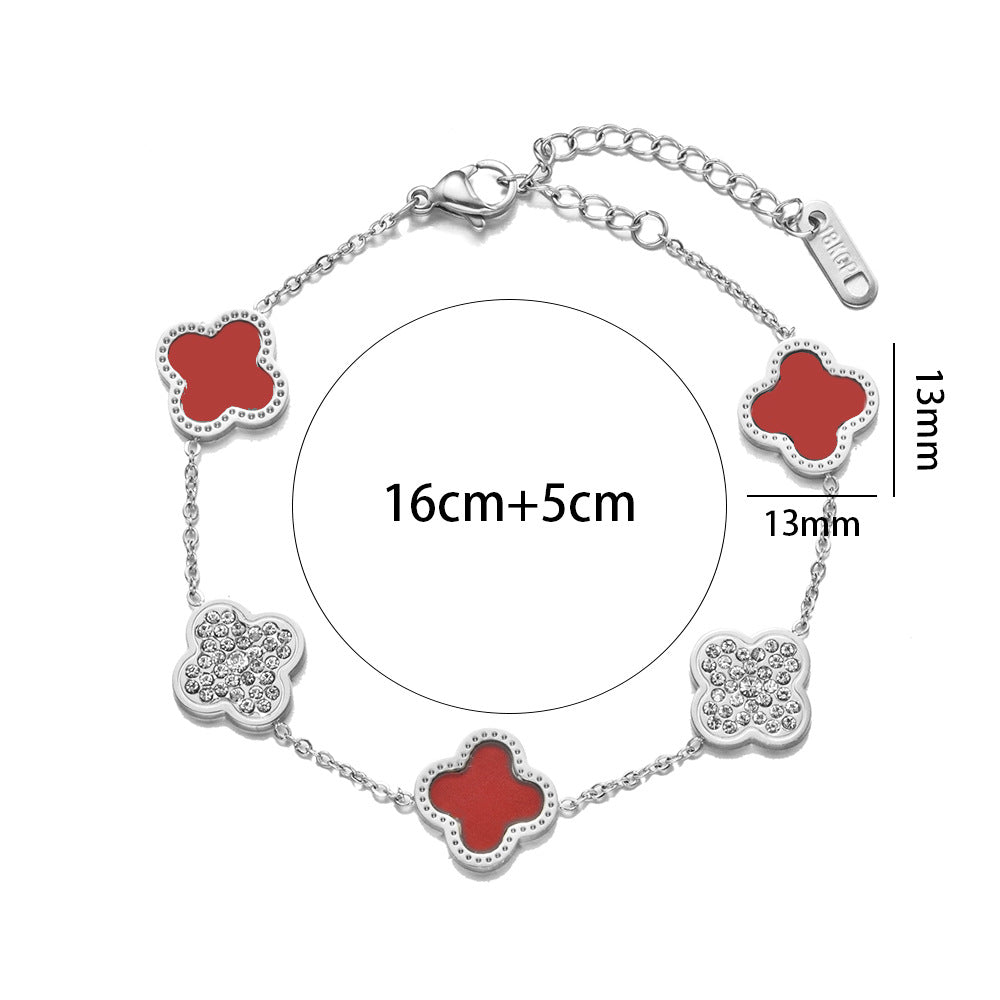 Fashion 18K Rose Gold Plated Titanium Steel Four-Leaf Clover Rhinestone Bracelet for Women