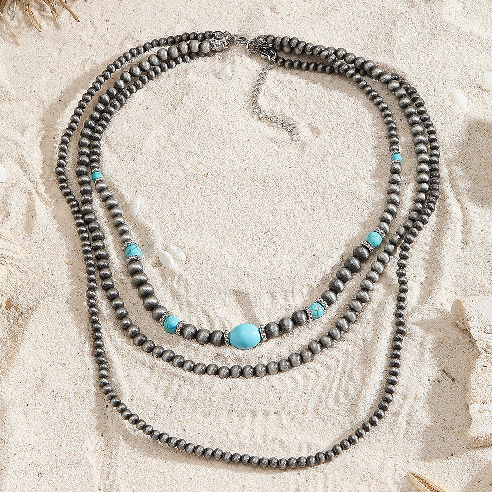 Bohemian Ethnic Handmade Turquoise Geometric Round Beaded Necklace for Unisex