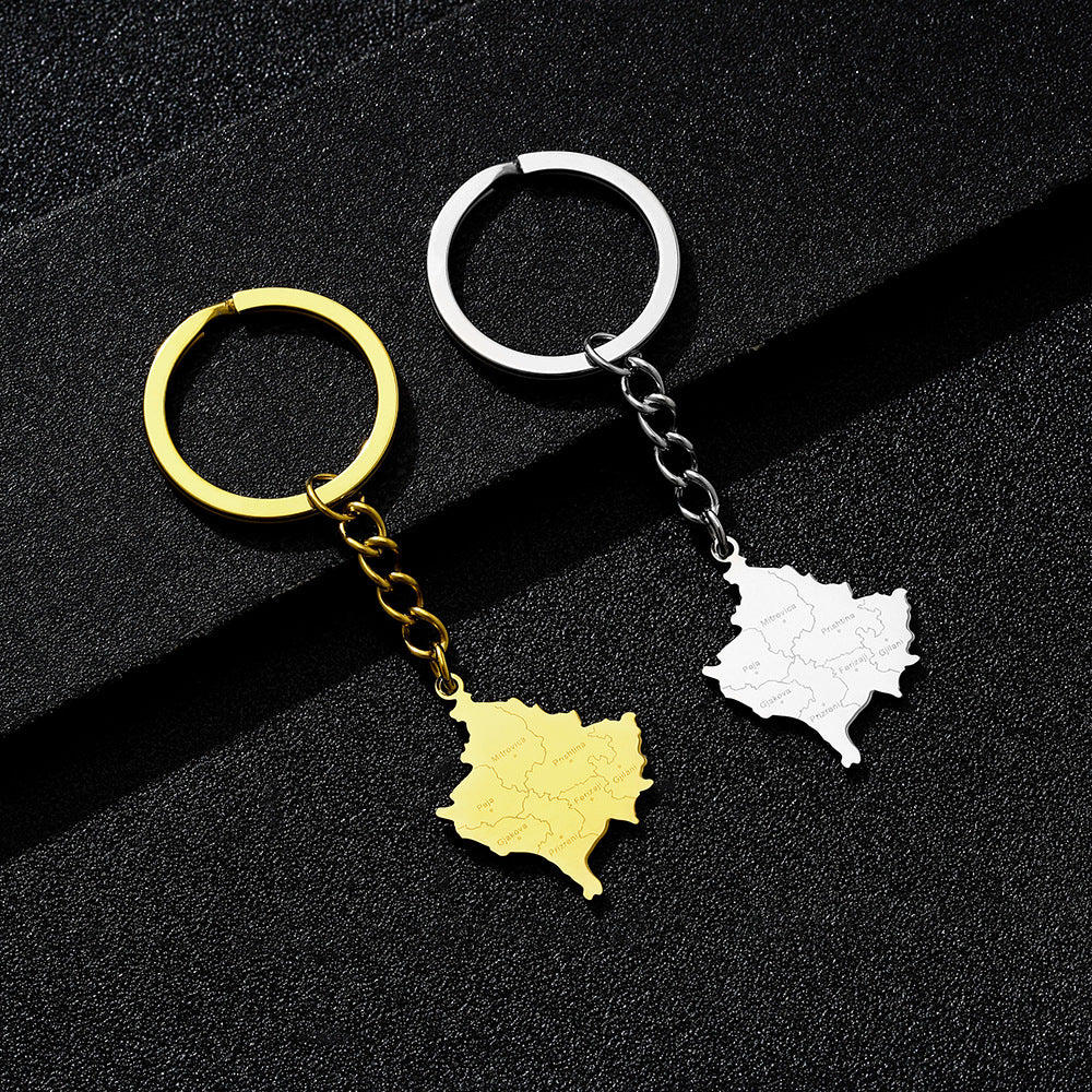 Portachiavi con ciondolo a tema Kosovo in acciaio inossidabile alla moda per uomo e donna, design urbano minimalista con finitura metallica premium