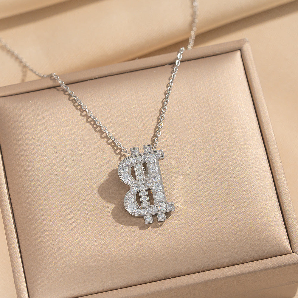 Minimalist Fashionable Letter B Rhinestone-Set Earrings and Necklace with Titanium Steel Plating and Copper Pendant on Cross Chain for Women