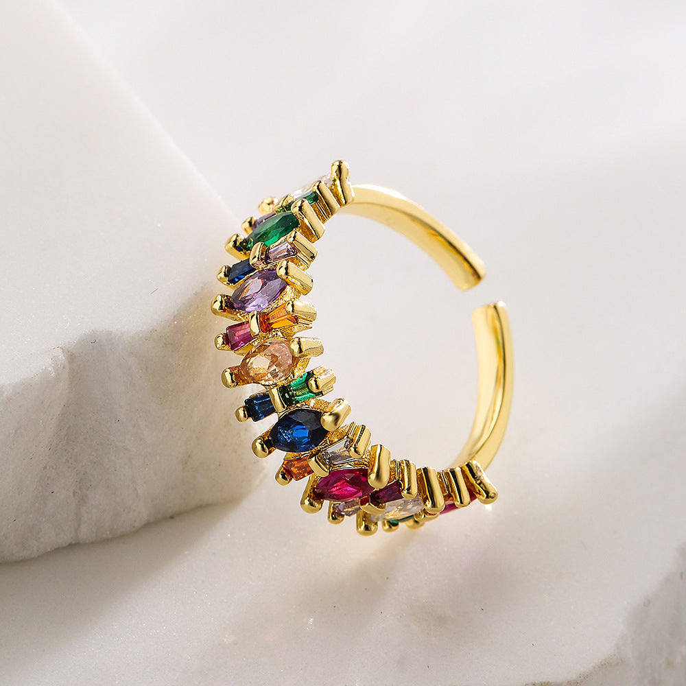 Geometric Open Ring for Women in Copper with 18K Gold Plating and Rainbow Zircon Inlay