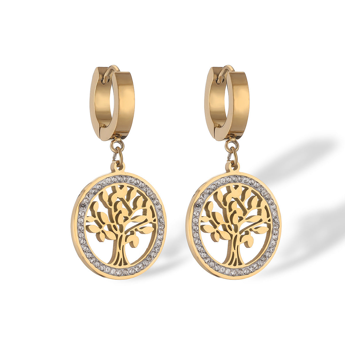 Minimalist Geometric Tree-Shaped Titanium Steel Earrings with Gold Plating and Zircon Inlay for Women