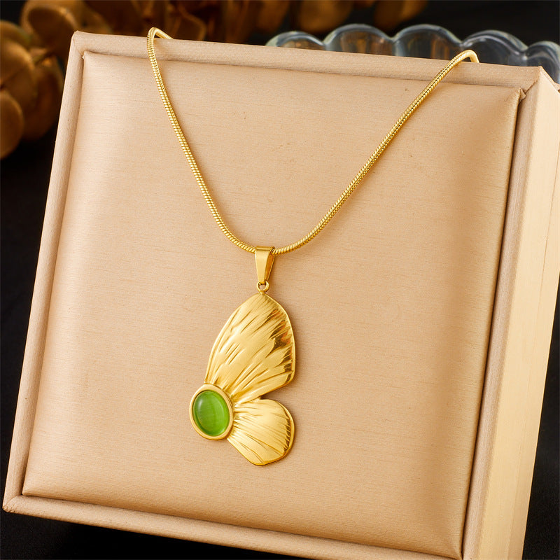Vintage Sweet Oval Green Cat's Eye Butterfly Stainless Steel Plated Necklace and Earring Set with Snake Chain