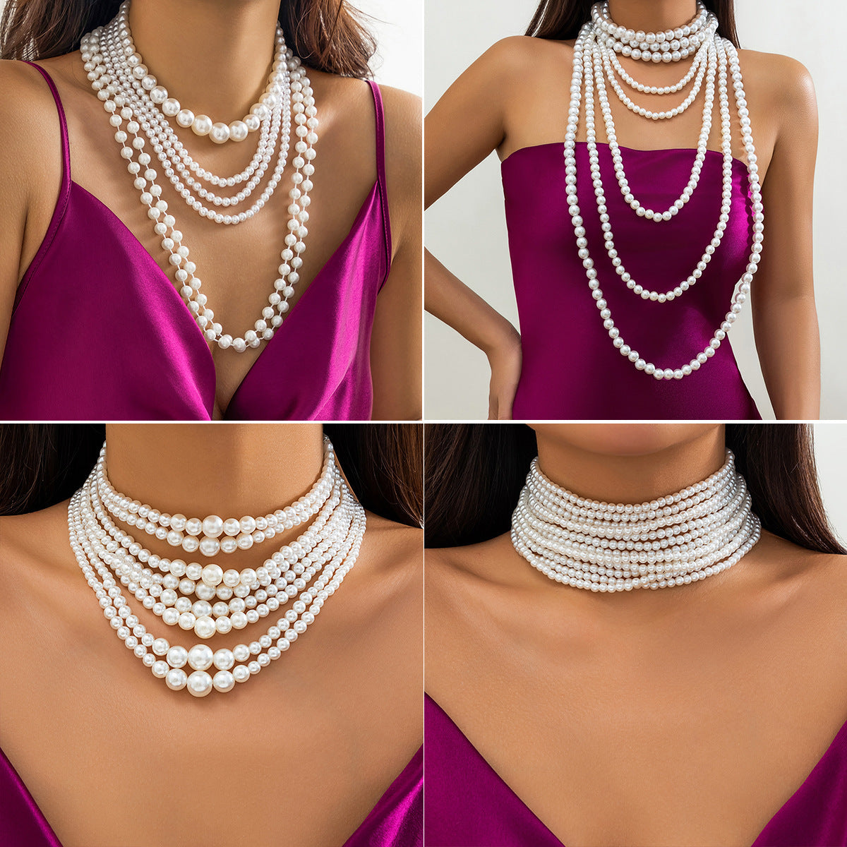 Collana da donna vintage elegante con perle finte a goccia geometriche, placcata, con catena a più strati