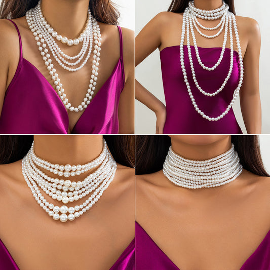 Collar vintage elegante de cadena de bolas multicapa chapada con perlas de imitación en forma de lágrima geométrica para mujer