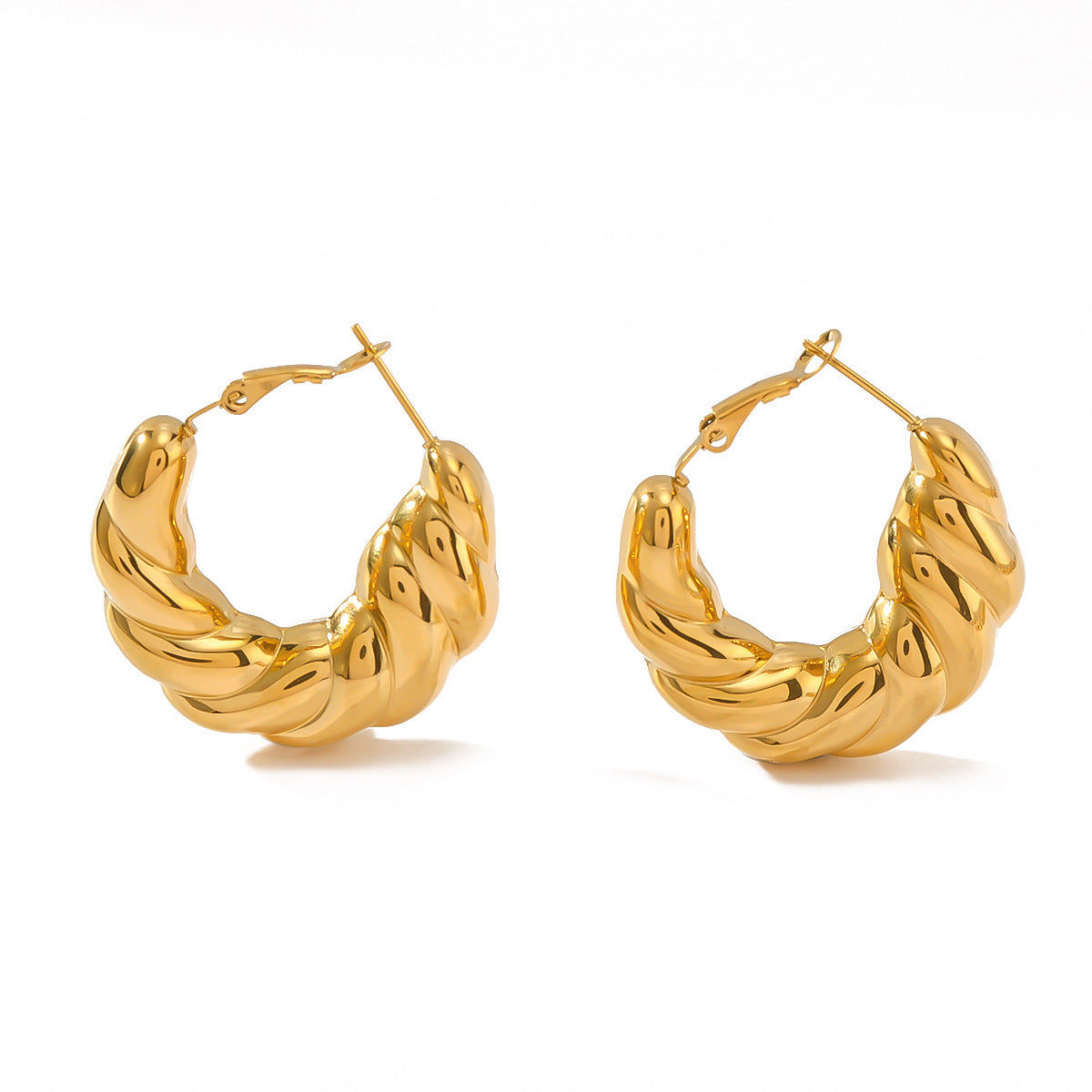 Orecchini a cerchio minimalisti in acciaio inossidabile lucido con texture a croissant geometrica da donna