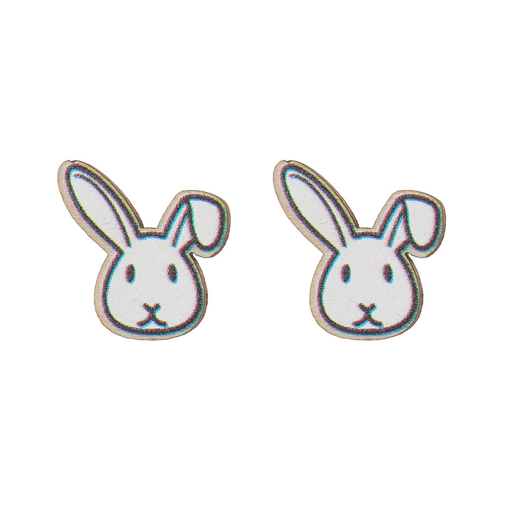 Cute Cartoon Animal Wood Stud Earrings Plated Rabbit Design for Kids