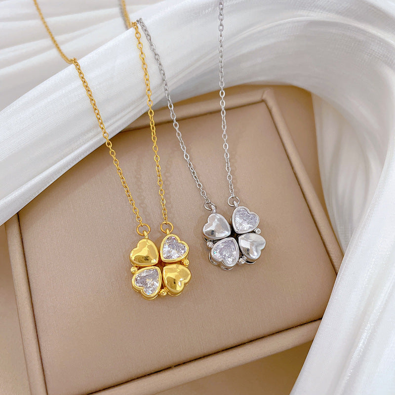 Minimalist Four-Leaf Clover Pendant Necklace in Titanium Steel with Rhinestone Inlay for Women and Men