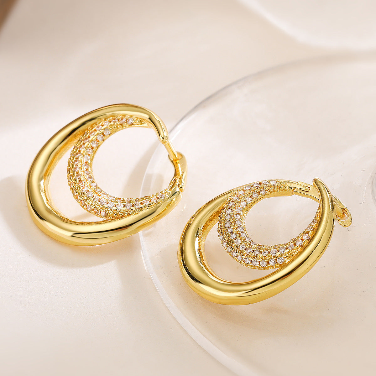 Minimalist Elegant Geometric Brass Gold Plated Cubic Zirconia Inlay Stud Earrings for Women