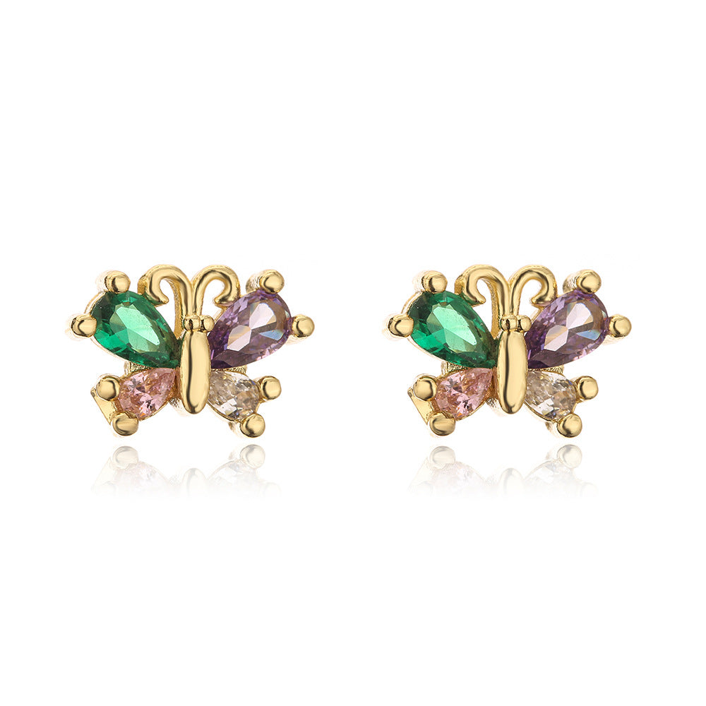 Minimalist Butterfly Geometric Stud Earrings for Women in Copper with 18K Gold Plating and Colored Zircon