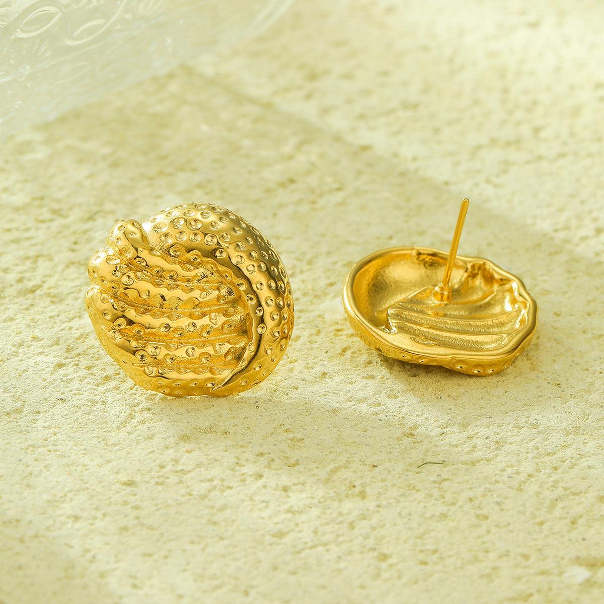 Pendientes de mujer de acero inoxidable chapados en oro de 18 quilates, redondos, martillados, huecos, estilo vintage
