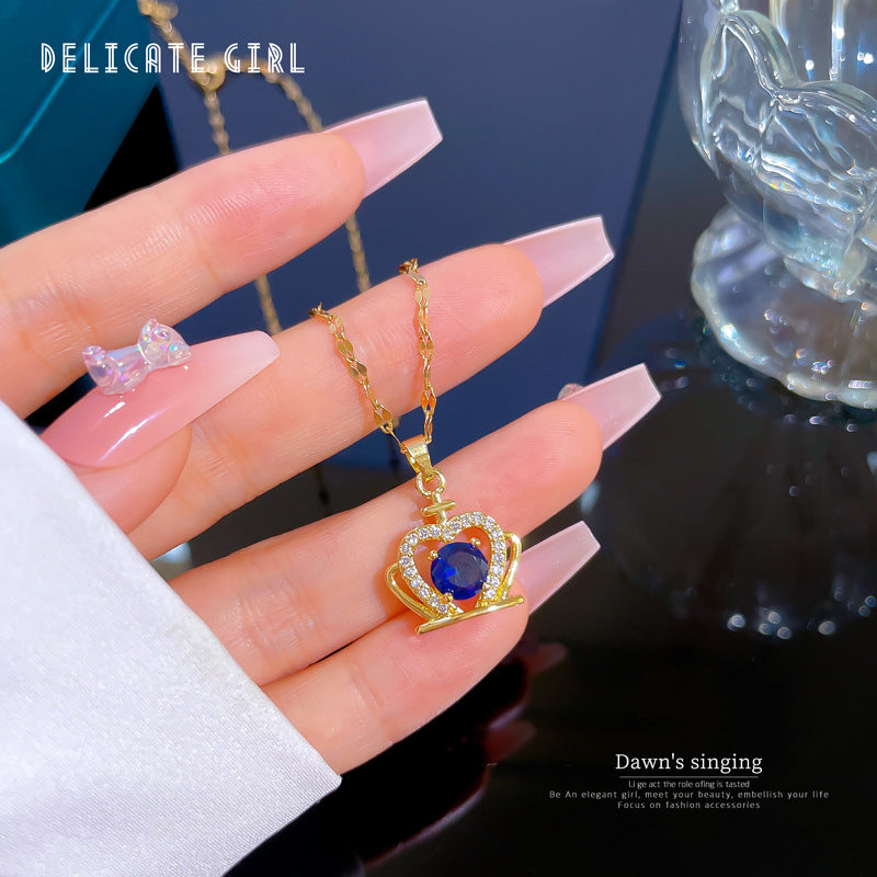 Luxury Blue Crown Pendant Necklace for Women Titanium Steel Geometric Locket Chain with Zircon Inlay