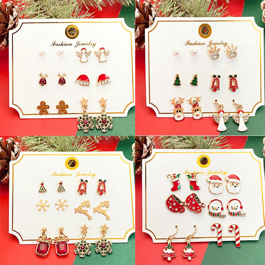 Conjunto de pendientes de alce navideño y copo de nieve de Papá Noel para mujer, aretes geométricos de aleación con incrustaciones de diamantes de imitación, joyería festiva para las fiestas