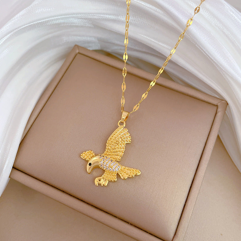 Sweet Elegant Geometric Eagle Pendant Rhinestone Plated Titanium Steel Necklace for Unisex