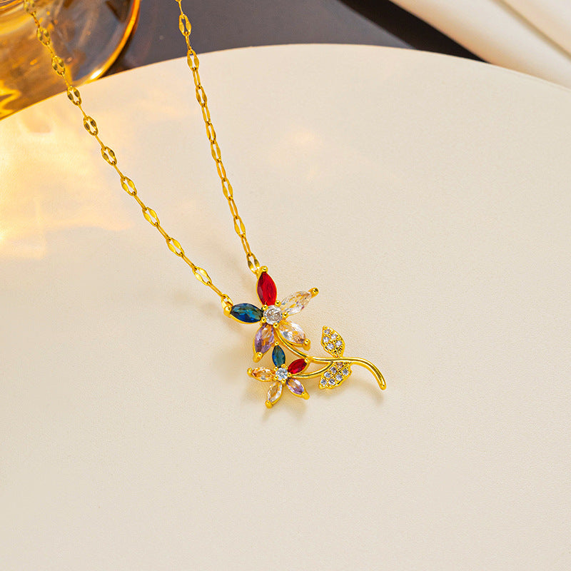 Vintage Floral Blossom Pendant Necklace for Women Made of Titanium Steel with Rhinestone Inlay and Polished Waterwave Chain