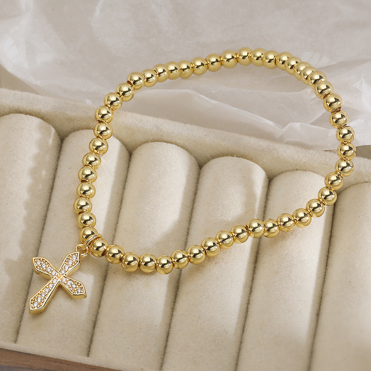 Minimalist 18K Gold Plated Brass Cross Pendant Ball Chain Bracelet with Cubic Zirconia for Women