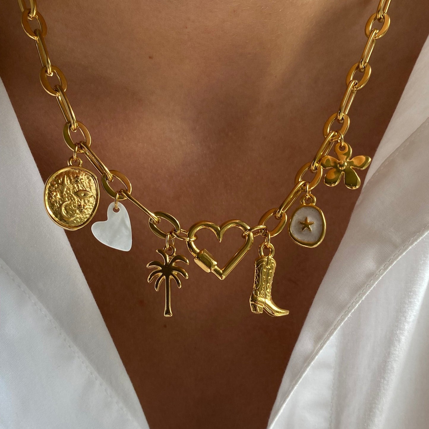 Minimalist 18K Gold Plated Stainless Steel Heart Star Charm Bar PVD Cable Chain Necklace Unisex