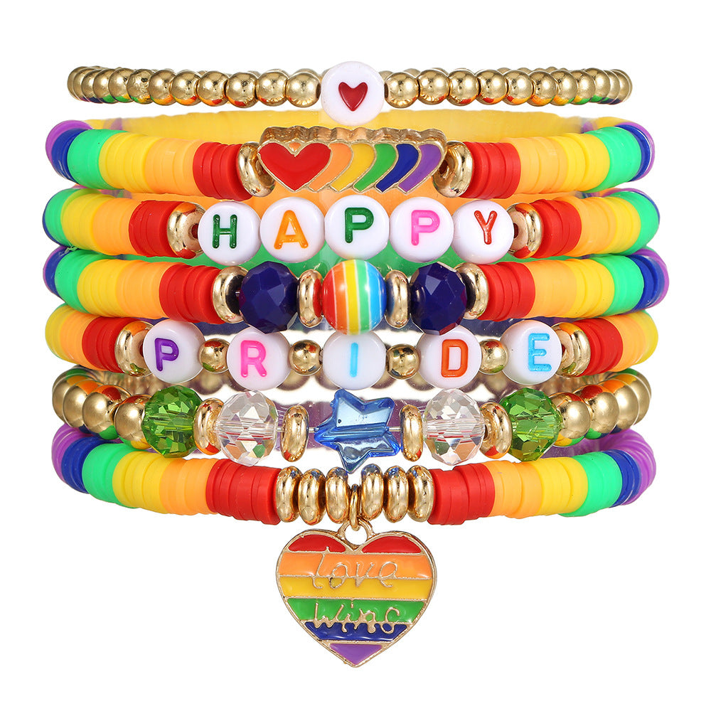 Streetwear Rainbow Gradient Heart Geometric Resin Acrylic Glass Bead Stretch Bracelet Set