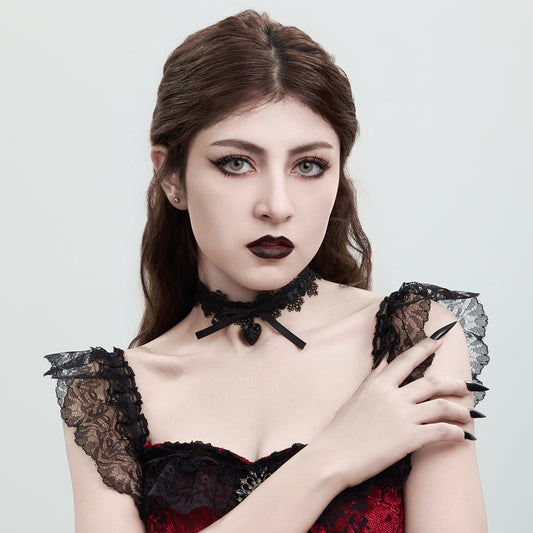 Gothic Heart Pendant Alloy Plated Necklace with Lace and Bow for Women