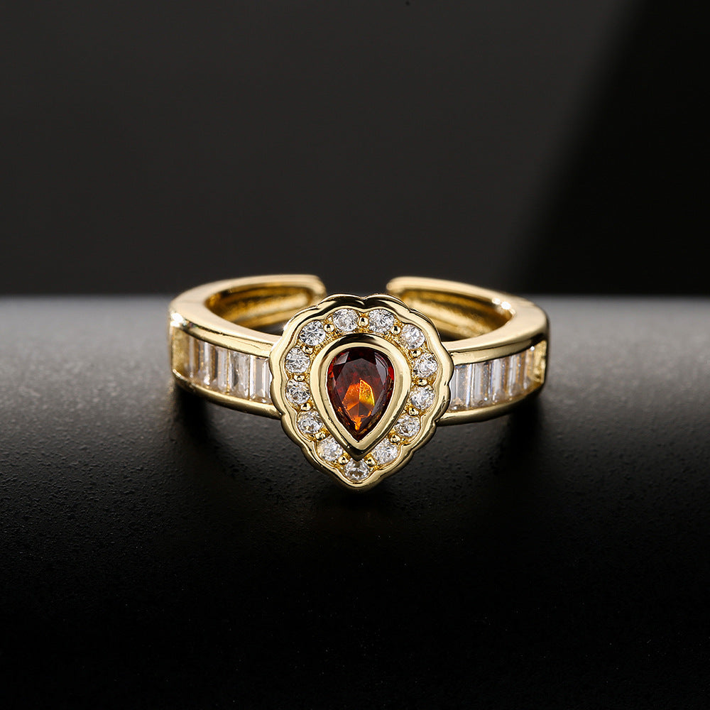Vintage Geometric Open-Ended Drop-Shaped Ring for Women Made of Brass with 18K Gold Plating and Zircon Inlay