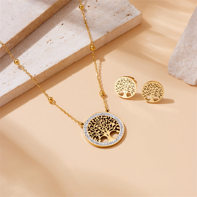 Fashion Office Stainless Steel Plated Round Tree of Life Pendant Necklace and Earrings Set
