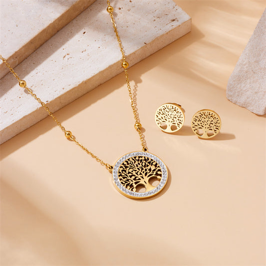 Fashion Office Stainless Steel Plated Round Tree of Life Pendant Necklace and Earrings Set