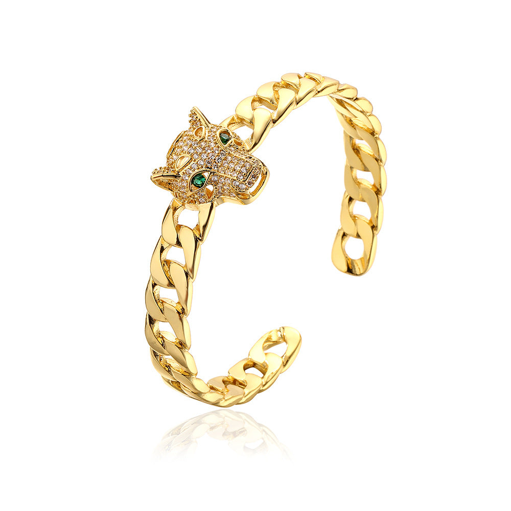 Minimalist Leopard Head Open Bangle Bracelet for Women in Copper with 18K Gold Plating and Enamel Finish