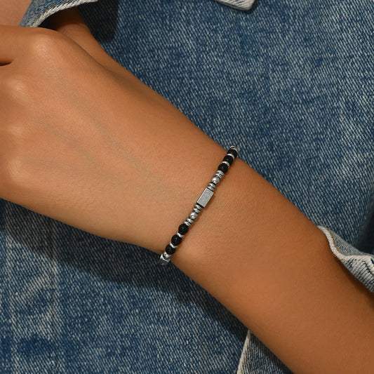 Bracciale Geometrico Vintage da Uomo e Donna con Perle in Pietra Naturale e Acciaio Inossidabile, Design Intrecciato per Souvenir di Viaggio