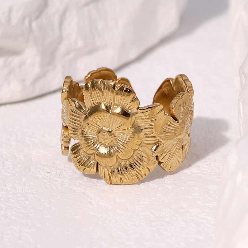 Minimalist Floral Open Ring in Stainless Steel with 18K Gold Plating for Women