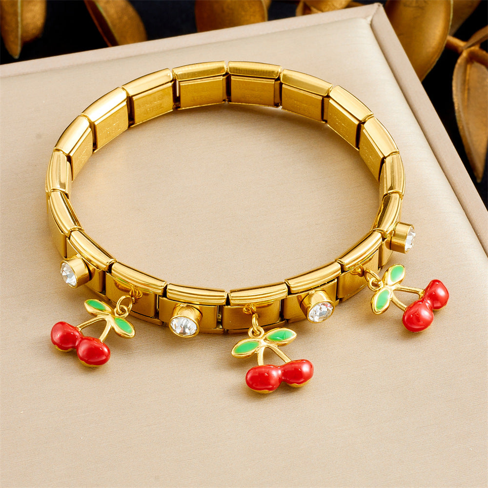 Sweet Cartoon Drip Oil Cherry Rhinestone Plated Stainless Steel Geometric Round Square Bracelet