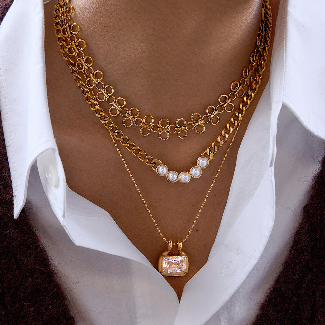 Minimalist 18K Gold Plated Geometric Square Stainless Steel Cubic Zirconia Necklace for Women