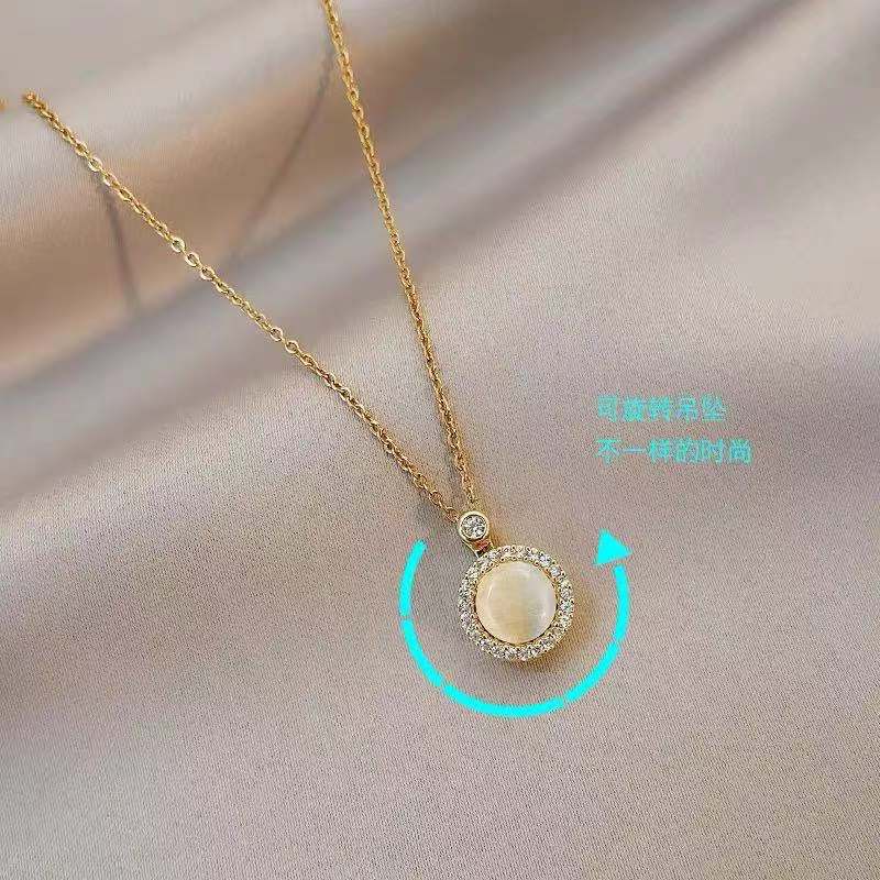 Collar con colgante de ojo de gato giratorio para mujer, circonita micropavé en cadena de serpiente de acero de titanio, diseño geométrico