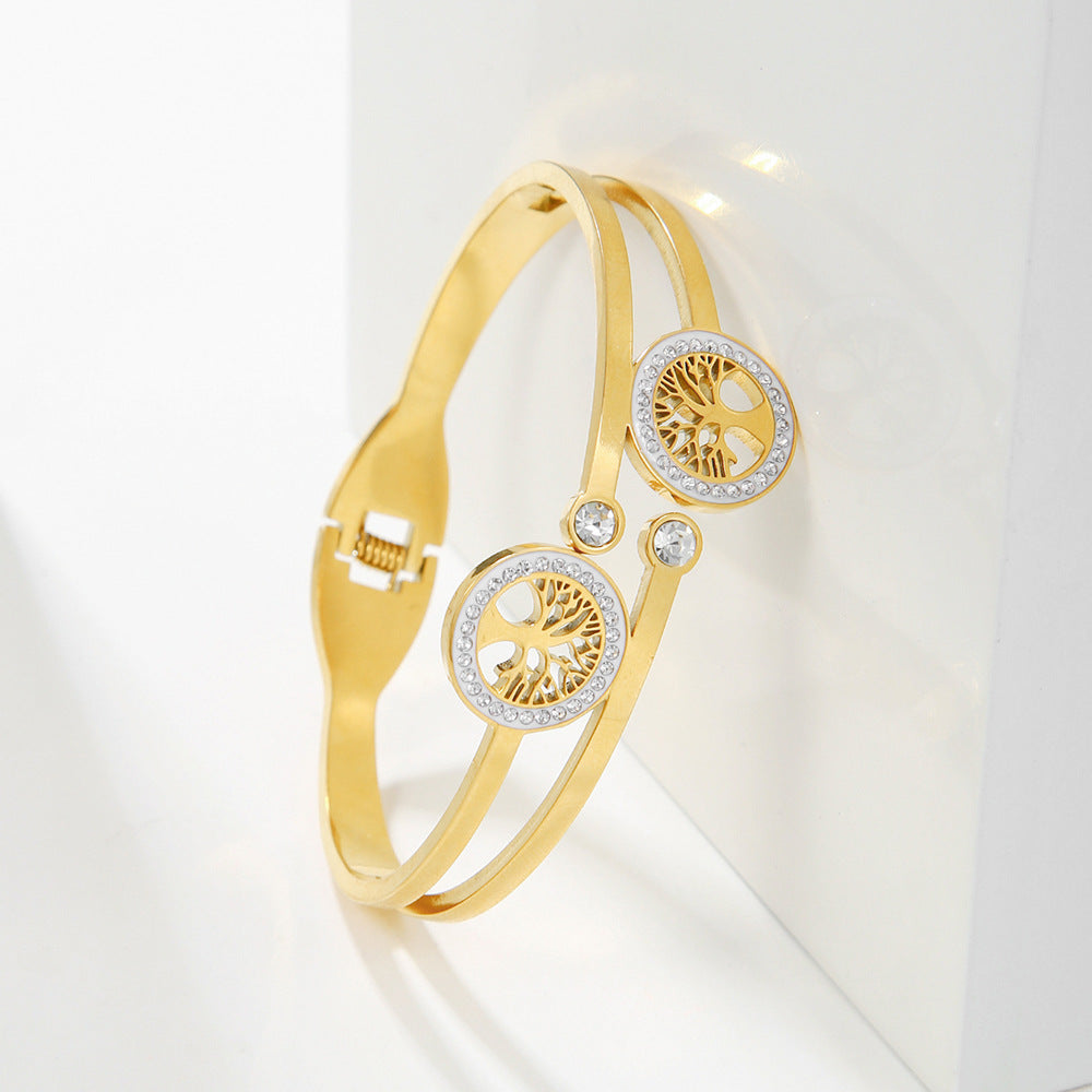 Adjustable Tree of Life Geometric Plated Titanium Steel Bracelet for Women with Leaf Pattern
